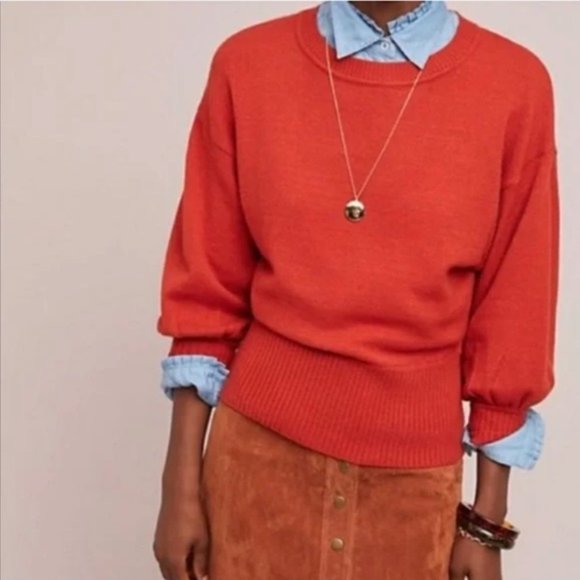 Anthropologie Moth Burnt Orange Balloon Sleeve Crewneck Cabin Sweater in - Picture 2 of 6